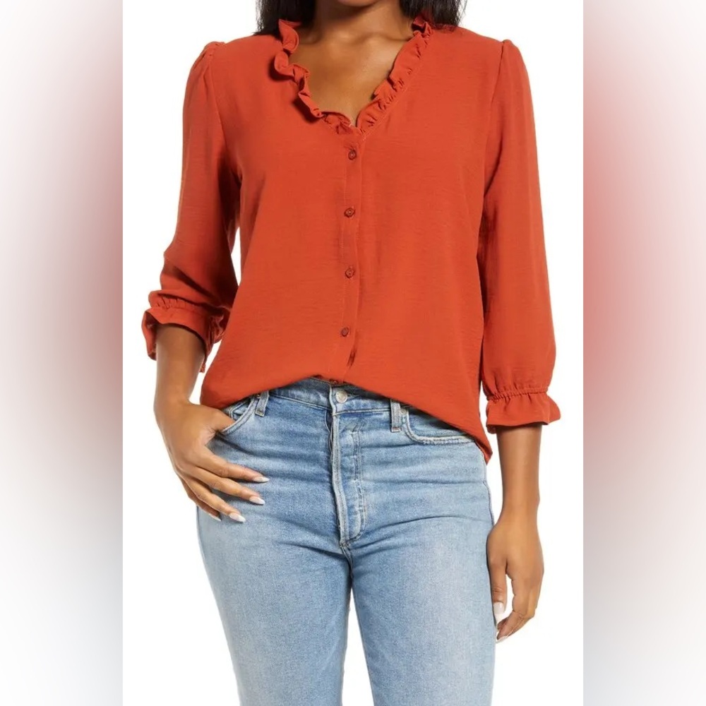 GIBSONLOOK Ruffle Neck Blouse - Rust Size Medium